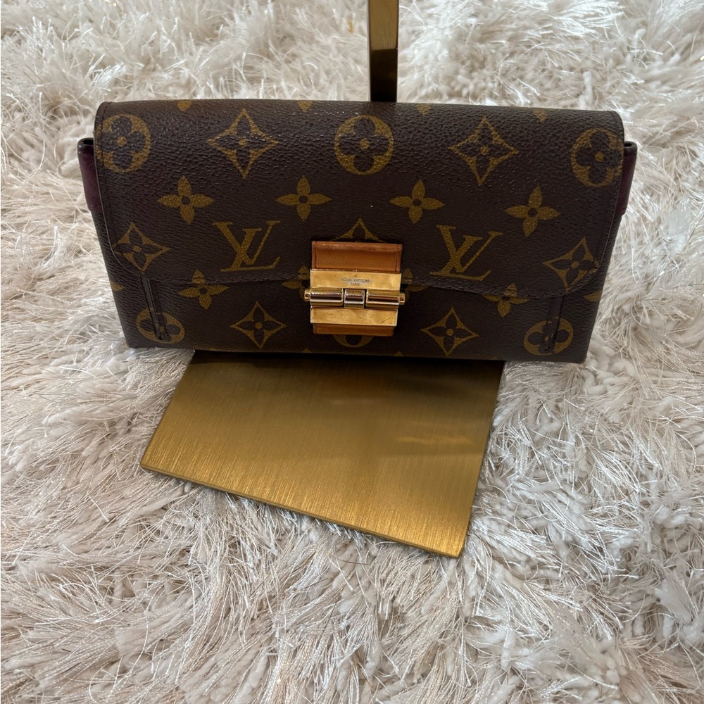 Louis Vuitton Monogram Canvas Wallet with Gold-Tone Hardware and Brown Trim
